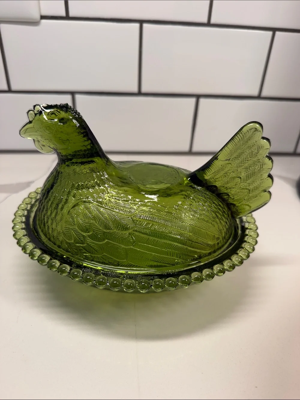 Vintage RARE!!! Carnival Lime Green Indiana Hen on the Nest (check damage)